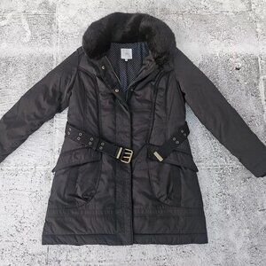 Next Women Jacket Winter Warm Long Coat Faux Fur Collared W Belt Size 12UK